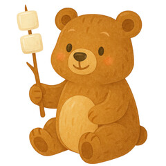 Bear roasting marshmallows by a small campfire