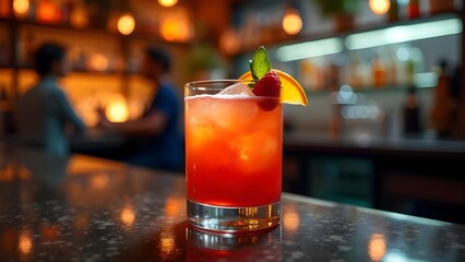 Refreshing Cocktail with Raspberry and Orange at Bar