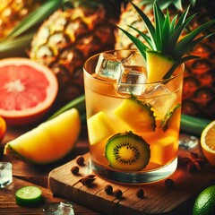 tropical fruit cocktail in glass, fresh pineapple, grapefruit, kiwi, lime, ice cubes, wooden board, dark moody lighting, shallow depth of field