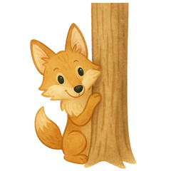 Fox peeking behind tree in playful pose