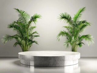 Empty round stone podium surrounded by plants in a modern interior.