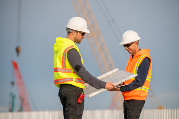 Engineer or construction worker engaged in a discussion reviewing plans project stand in front arm...