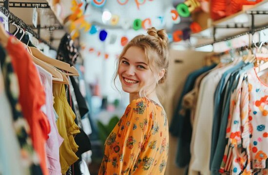 Young woman at a thrift store smiles