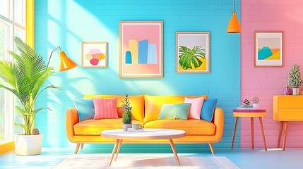 Vibrant Yellow Sofa in a Sunny Modern Living Room with Teal and Pink Walls Colorful Decor