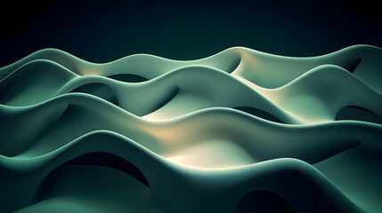 Obraz premium Abstract 3D landscape of undulating, flowing shapes in teal and cream colors, with dark background. Intricate, organic forms create a sense of depth and movement