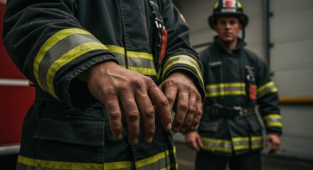 Two firefighters wearing protective gear stand near a fire truck inside a station.