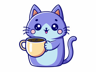 Cute Purple Cat Holding a Mug of Coffee Cartoon Illustration