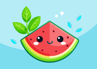 Cute Cartoon Watermelon Slice with Green Leaves
