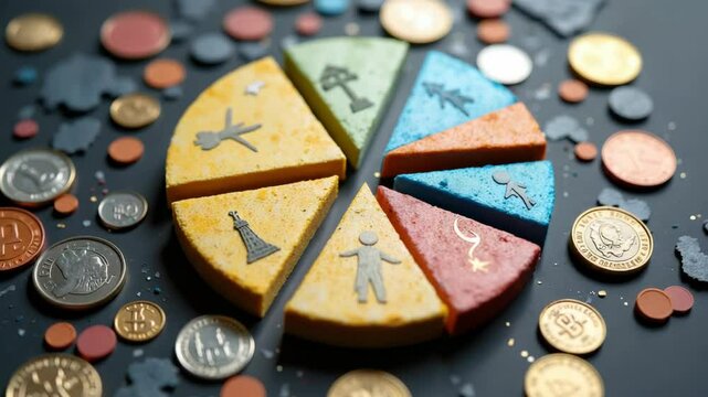A colorful pie chart with icons representing diversity and demographics surrounded by various coins and tokens.