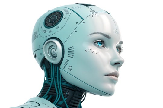 Futuristic female cyborg with detailed mechanical components and human-like face in profile, isolated on black, with vibrant blue eyes.