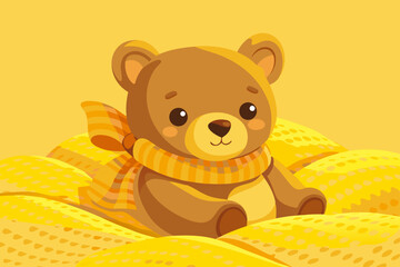 Cute Brown Teddy Bear Wearing a Yellow Scarf Sitting on Yellow Background