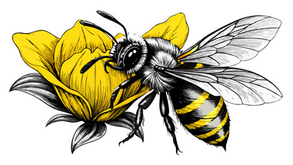 Detailed Illustration of a Bee on a Yellow Flower