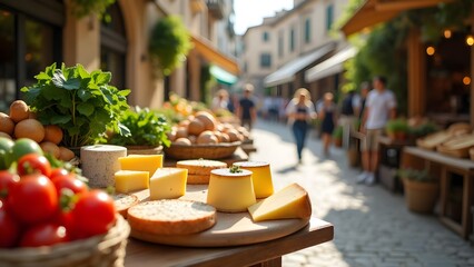 Outdoor Food Market in Italy with Cheese, Bread, and Vegetables 
