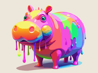 Colorful Dripping Paint Hippo Cartoon Illustration