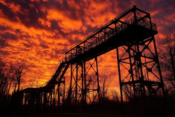 Dramatic Sunset Silhouette of Industrial Structure Against Colorful Sky