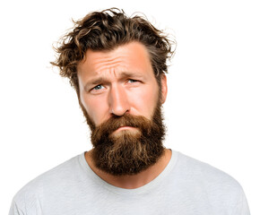 A bearded man looking concerned, with a furrowed brow and a doubtful expression.