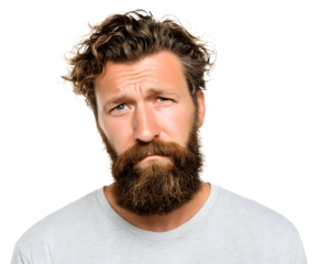 A bearded man looking concerned, with a furrowed brow and a doubtful expression.