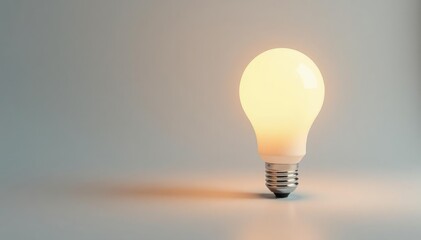 Single lightbulb, glowing against pure white background, invention, pure