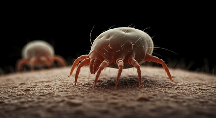 Extreme Close Up of a Translucent Dust Mite Crawling on a Fibrous Surface Under Soft Diffused Lighting Highlighting Segmented Body Tiny Eyes and Slender Legs