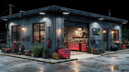 Nighttime Industrial Auto Repair Shop 3D Exterior Render
