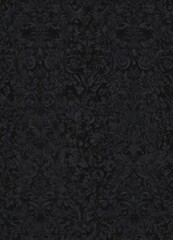 Deep black gothic damask wallpaper, intricate floral & vine pattern , texture, black design