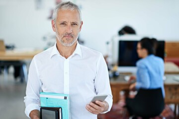 Phone, mature or businessman in office or portrait for social network, blog media website or...
