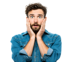 A surprised man with a beard is shocked, hands on cheeks, looking at the camera.
