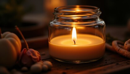 A lit candle in a glass jar creates a warm, cozy ambiance on a wooden surface with soft decorative elements nearby.
