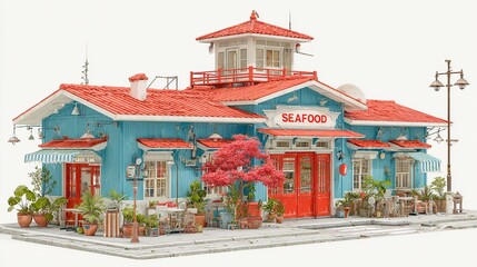Fototapeta premium Coastal Seafood Restaurant with Red Tower and Blue Exterior 3D Model