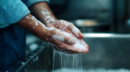 A chef thoroughly washing hands to maintain food safety and hygiene.