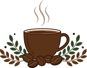 Flat Vector Illustration of a Brown Coffee Cup with Beans and Decorative Leaves on White Background