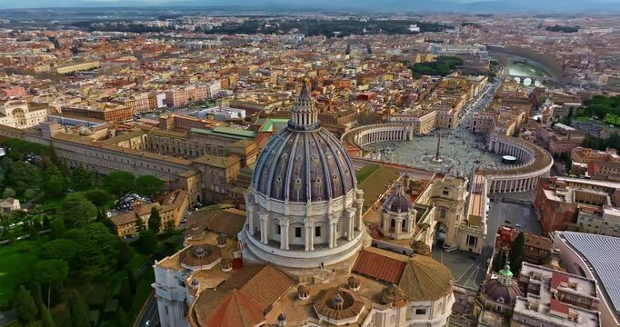 Aerial view of St. Peter's Basilica in Vatican City. Papal Basilica of Saint Peter. Rome, Italy
