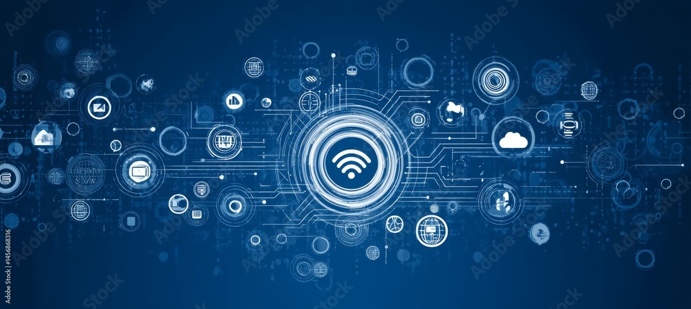 Poster Wi-Fi network for with digital business marketing e-commerce technology. Generative AI technology.	

