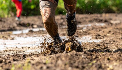 Close-Up View of Runners’ Legs in a Mud Run, Covered in Dirt and Mud, Capturing the Intensity, Strength, and Endurance of the Obstacle Course with Challenging Terrain; mud splattering and splashing