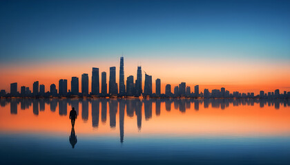 Sunset reflection of urban skyline cityscape digital photography tranquil environment wide angle view