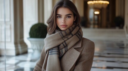 Fototapeta premium Beautiful woman poses in a luxurious indoor setting wearing a stylish scarf and elegant coat during the afternoon light