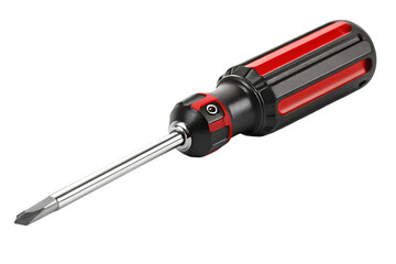 Close-up of a flathead screwdriver with black and red handle, professional quality tool for do-it-yourself projects.