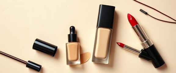 Foundation, concealer, red lipstick arranged aesthetically on a neutral background,  make-up, makeup
