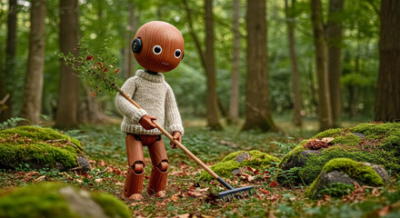 Cute wooden eco robot tending to nature in green forest during daytime