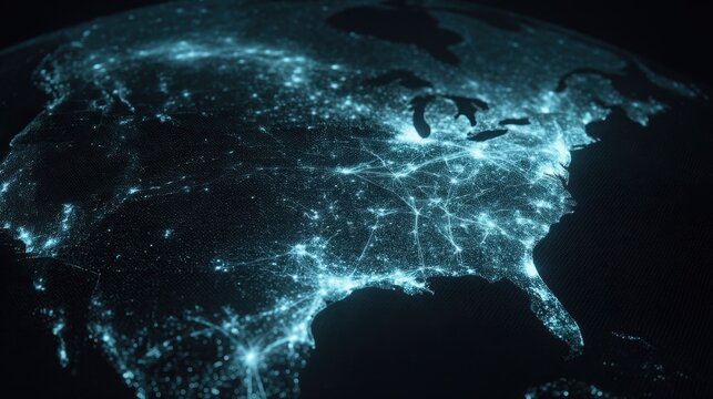 Glowing blue data threads crossing the USA map in neural network patterns, faintly lighting up against a dark satellite view backdrop.