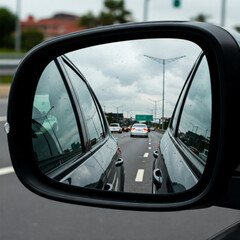 reflection of the road in the rearview mirror