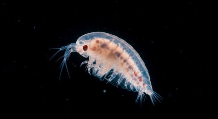 Detailed Translucent Segmented Marine Copepod Floating in Deep Dark Water Close Up Photorealistic Rendering