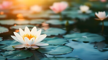 Lotus flowers in a tranquil pond at sunset