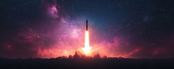 A rocket launches into a vibrant, star-filled night sky, illuminating the clouds below with its powerful thrust.