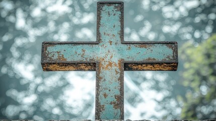 Cross symbol against a blurred background with textural elements