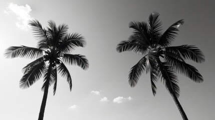 Obraz premium Serene Monochrome Tropical Vista Two Majestic Palm Trees Reaching for a Cloudy Sky