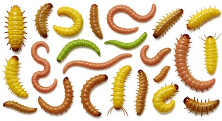 Obraz premium Isolated Colorful Mealworm Larvae Collection on White Backgrounds with Varying Hues such as Yellow Green Brown and Pink Insects Close Up Studio Shot