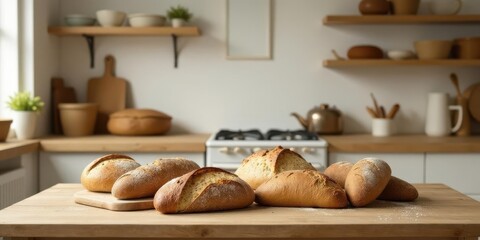 Golden-brown artisan loaves displayed on a rustic wooden kitchen counter, bathed in soft natural light, showcasing freshly baked bread in a minimalist setting