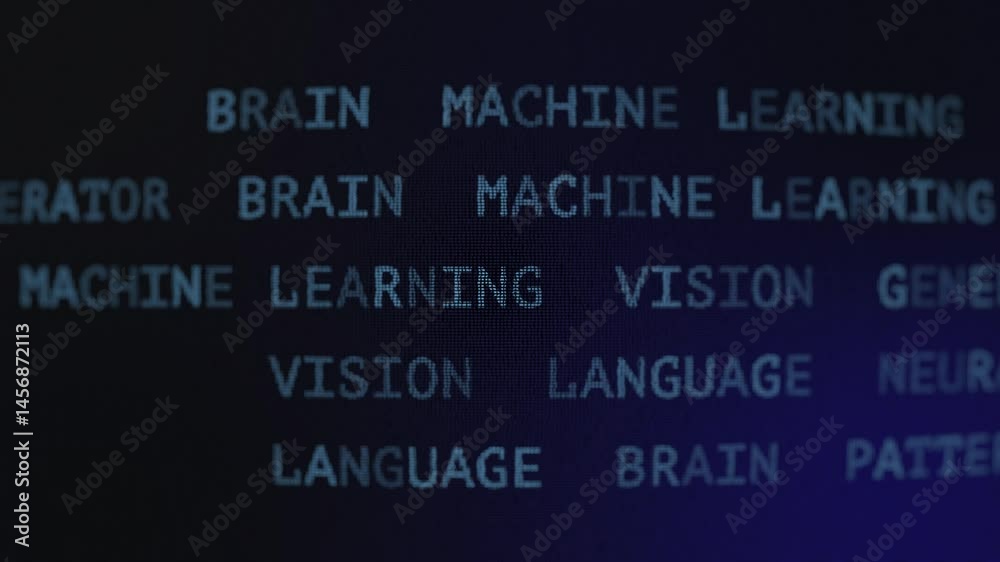 Wall mural close-up of digital text sequences with technology and ai-related terms scrolling across a dark scre