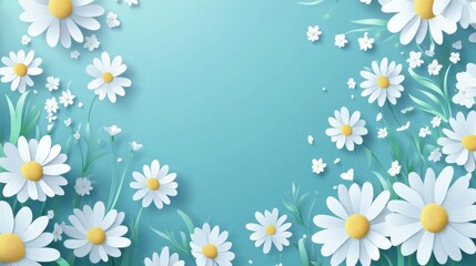 A collection of paper daisies on a blue background.